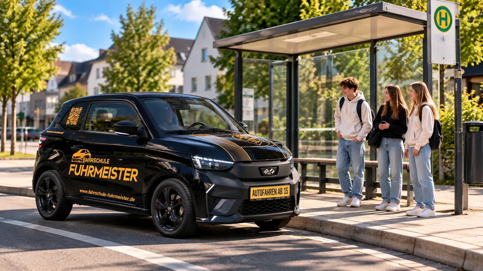 Microcar „Schlumpf" der Fahrschule Fuhrmeister fährt an einer leeren Bushaltestelle in einer Kleinstadt vorbei