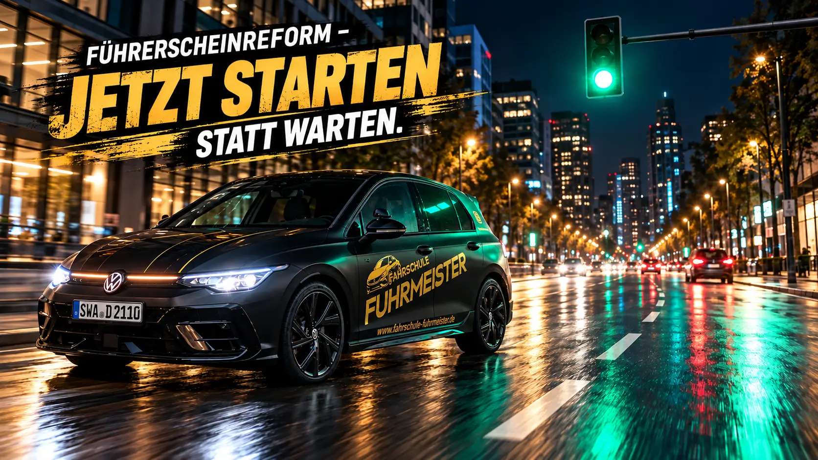 Fahrschulauto „Nachtschatten" der Fahrschule Fuhrmeister nachts an einer Kreuzung, die Ampel springt auf Grün