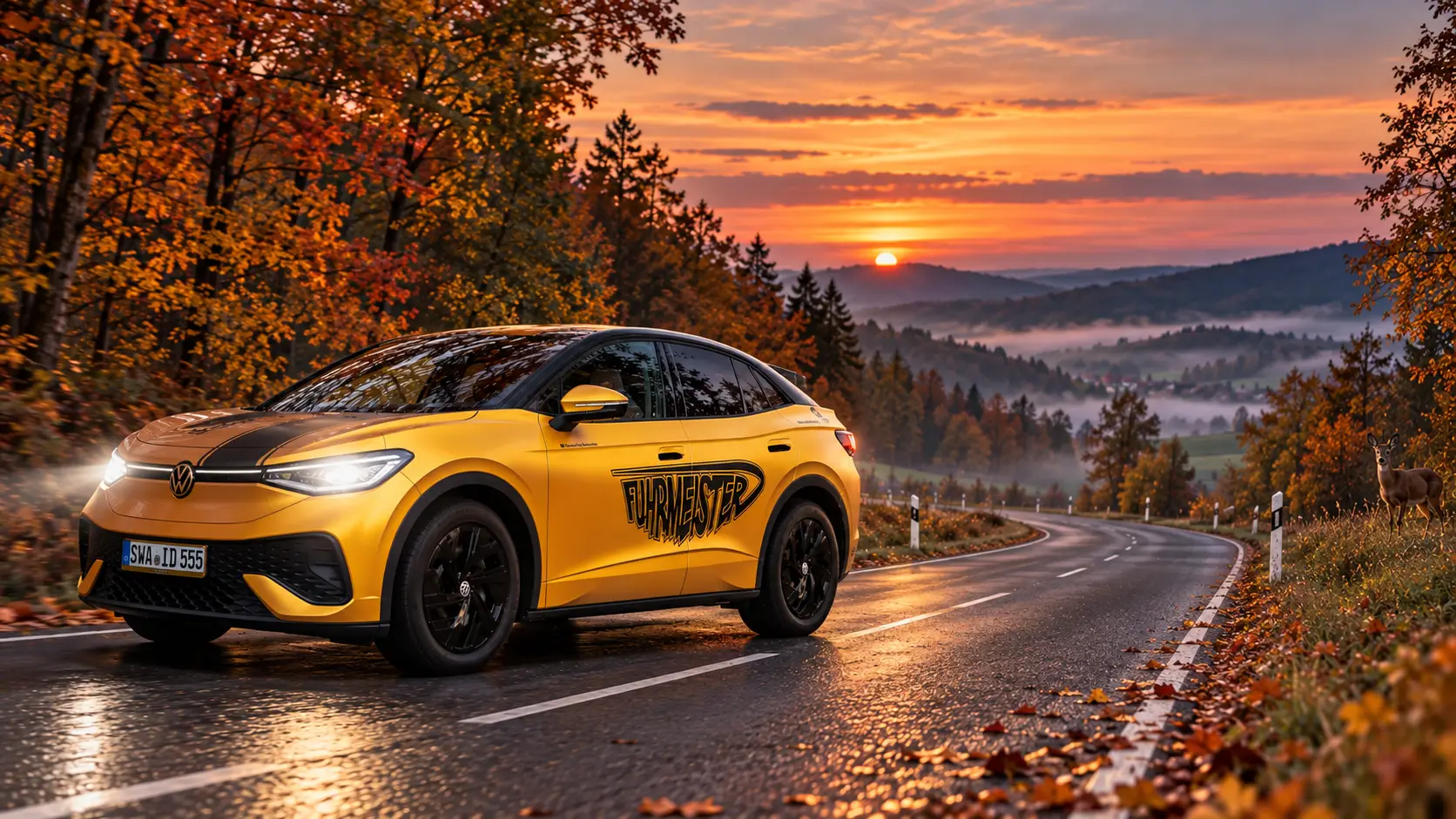 Goldenes Fahrschulauto „Golden Rush" der Fahrschule Fuhrmeister mit Abblendlicht auf einer herbstlichen Landstraße im Taunus bei Dämmerung, am Waldrand steht ein Reh